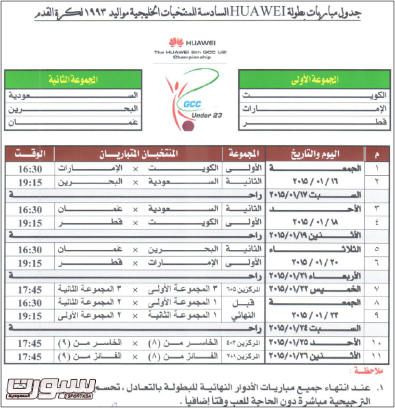 جدول مباريات بطولة هواوي السادسة للمنتخبات الخليجية تحت 23 سنة