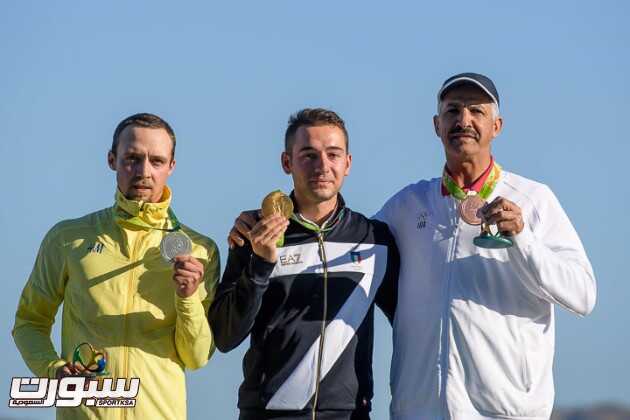 RIO DE JANEIRO - AUGUST 13: (L-R) Silver medalist Marcus SVENSSON of Sweden, Gold medalist Gabriele ROSSETTI of Italy and Bronze medalist Abdullah ALRASHIDI Independent Olympic Athlet pose with their medals after the Skeet Men Finals at the Olympic Shooting Center during Day 8 of the XXXI Olympic Games on August 13, 2016 in Rio de Janeiro, Brazil. (Photo by Nicolo Zangirolami)