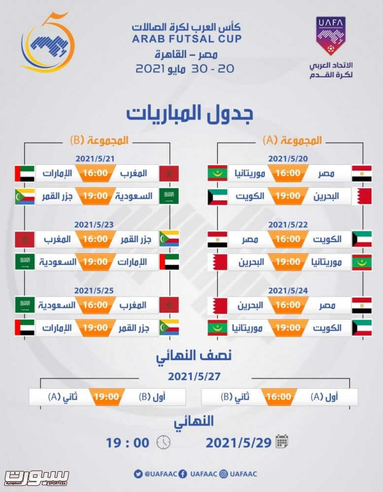 اعلان جدول مباريات كأس العرب لكرة الصالات صحيفة سبورت السعودية 2115